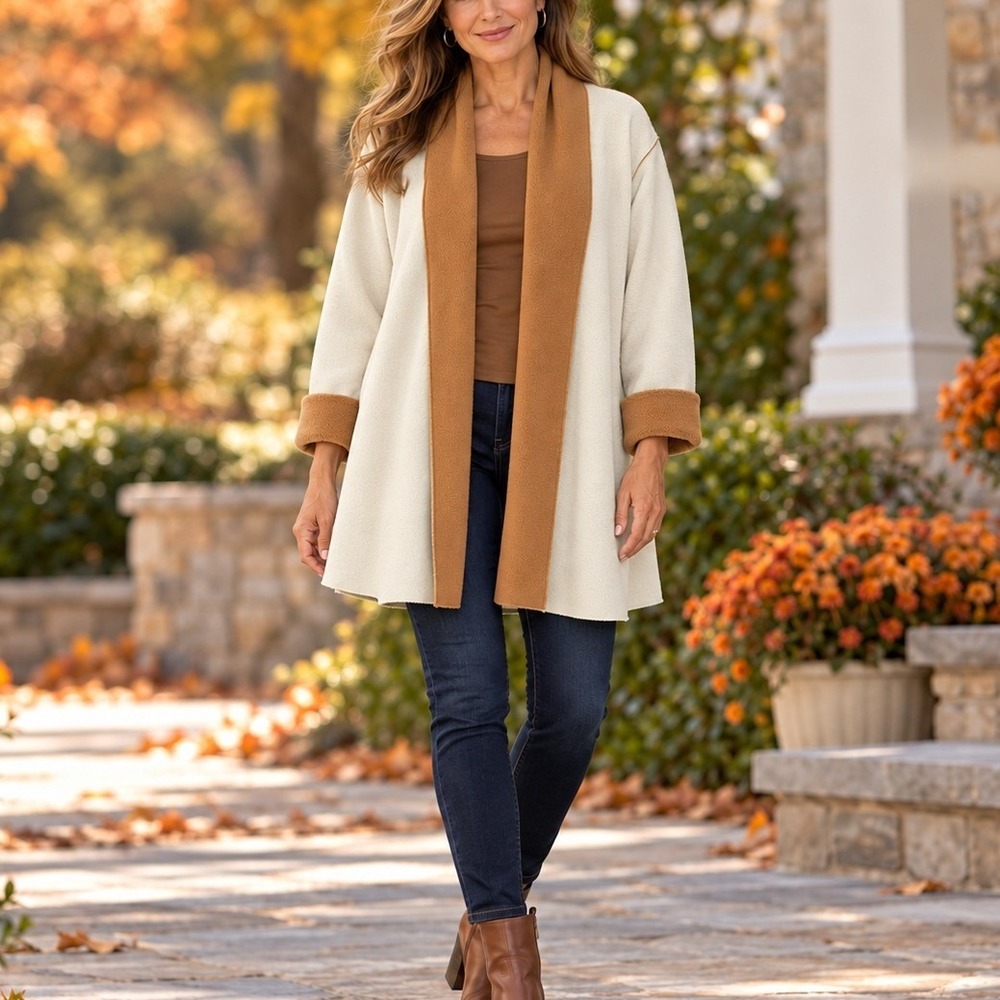 Susan Graver Womens L Fleece Open Front Cardigan Cream Camel Shawl Collar Swing